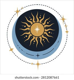 Mystical celestial sun inside crescent moon vector illustration. Celestial solar eclipse with stars and dotted orbit path, boho esoteric alchemy symbol on white background