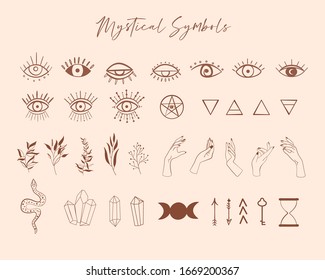 Mystical And Celestial Symbols. Hand Drawn Elements Like Eyes, Leaf, Earth Elements, Serpent Etc. Esoteric, Magic And Wicca Inspired Icons.