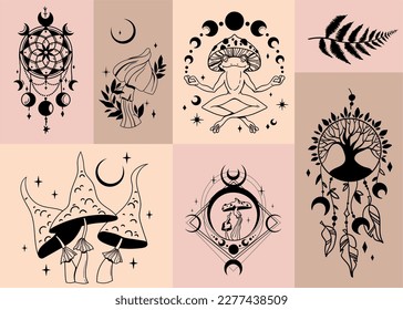 Mystical celestial vector cliparts kit in black and white
