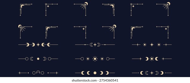 Mystical Celestial Vector Elements Collection Featuring Moon Phases Sun Icons and Gold Line Ornaments for Esoteric Design and Spiritual Branding Projects