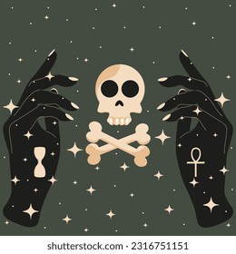 Mystical celestial Woman Hands in retro styled with Skull between them. Tarot Divination. Concept of Afterlife metaphor. Spiritual magic poster or t-shirt print. Vector illustration.