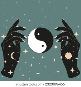 Mystical celestial Woman Hands in retro styled with Yin Yang Symbol between them. Concept of Harmony metaphor. Spiritual magic poster or t-shirt print. 