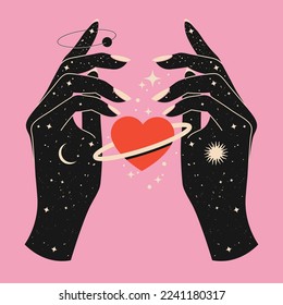 Mystical celestial woman hands with starry space texture and red heart between them as metaphor of love or hope. Spiritual mystical concept for poster or t-shirt. Esoteric magic. Vector illustration