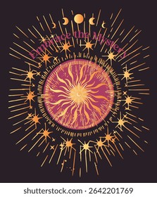 A mystical, celestial-themed illustration featuring the phrase "Embrace the Mystery" elegantly arched over a radiant sun at the center. Surrounding the sun are concentric rings of stars