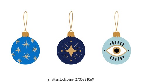 Mystical Christmas Ornaments Vector Set featuring Evil Eyes, Stars and Moon