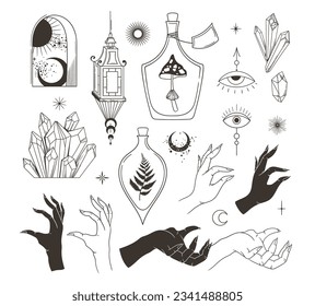 Mystisches Clips-Kunstbündel - menschliche Hand, Kristalle, Pilze in magischen Mason-Glas, böses Auge, Farnblätter, Sonne und Mond-Silhouetten, handgezeichnete Hexenkunst-Objekte, einzelne Vektorelemente-Set