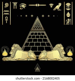 Mystical color drawing: men sphinxes guard the Egyptian pyramid. Ritual fire, set of hieroglyphs. Imitation of gold. Vector illustration isolated on a black background. Print, poster, T-shirt, card.