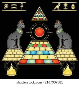 Mystical color drawing: Sacred cats  goddess Bastet guard the pyramid. Sun Ra emerges from inside the pyramid. Ritual fire, a set of hieroglyphs. Vector illustration isolated on a black background. 