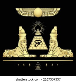 Mystical color drawing: women sphinxes guard the Egyptian pyramid. Eye of Horus. Winged solar disk god Ra.  Vector illustration isolated on a black background. Imitation of gold. 