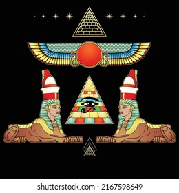 Mystical color drawing: women sphinxes guard the Egyptian pyramid. Eye of Horus. Winged solar disk god Ra.  Vector illustration isolated on a black background. 