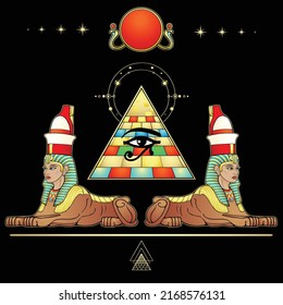 Mystical color drawing: women sphinxes guard the Egyptian pyramid. All-Seeing Eye of god Horus. Solar disk god Ra. Vector illustration isolated on a black background. 