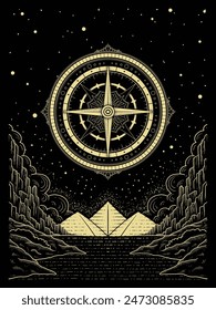 Mystical Compass Journey to Another Dimension in Hand Drawn Engraving and Pointillism Style