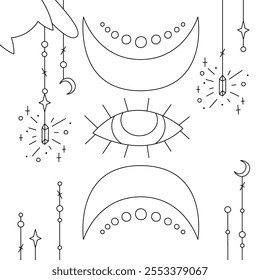 Composição mística com o olho que tudo vê e crescentes. Ilustração de contorno em preto e branco.