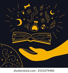 Mystical composition with a book color. Outline illustration.