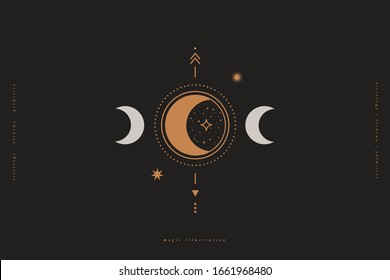Mystical composition with a crescent, arrows, stars on a dark background. Boho style and esoteric. Ethnic magic and astrological symbols. Vector illustration.