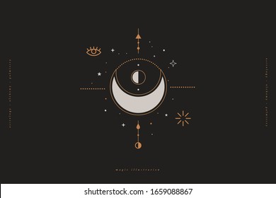 Mystical composition with a crescent, eye, stars and on a dark background. Boho style and esoteric. Ethnic magic and astrological symbols. Vector illustration.