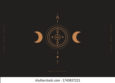 Mystical composition with crescent and magic circle on a dark background. Astrological sign in a trendy linear minimalist style. Abstract esoteric symbol in boho style.