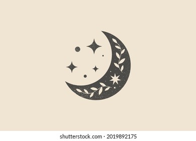 Mystical composition with a crescent moon, a luminous star on a light background. Vector illustration in a trendy minimalist style. Modern laconic art for printing posters, postcards.