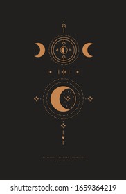 Mystical composition with a crescent and stars on a dark background. Boho style and esoteric. Ethnic magic and astrological symbols. Vector illustration.