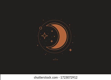 Mystical composition with a crescent and stars on a dark background. Boho style and esoteric. Ethnic magic and astrological symbols. Vector illustration.