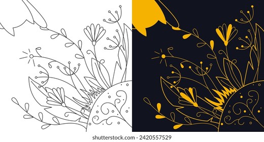 Mystical composition of different flowers and a cat. Two-color and black and white outline vector illustration.