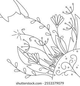 Mystical composition of different flowers and a cat. Black and white outline illustration.