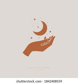 Mystical composition with hand, stars and crescent on a light background. Boho style and esoteric. Ethnic magic and astrological symbols. Vector illustration.