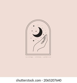 Mystical composition with hand, stars, and crescent on a light background. Boho style and esoterics. Ethnic magic and astrological symbols. Vector illustration.