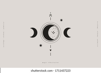 Mystical composition with moon phases, stars, and arrows on a light background. Astrological signs in a trendy linear minimalist style. Abstract esoteric symbol in boho style.