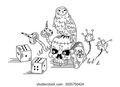 Mystical composition with owl and skull. Vector hand drawn doodle illustration