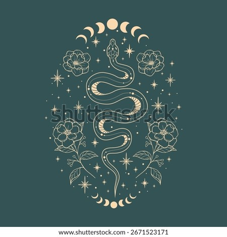 Mystical composition with snake, moon phases, stars on a green background. Boho style and esotericism. Magic illustration for spiritual practices of ethnic magic and rites.