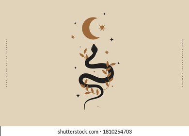 Mystical composition with a wriggling snake, crescent moon, stars on a light background. Boho style and esotericism. Magic illustration for spiritual practices of ethnic magic and rites.