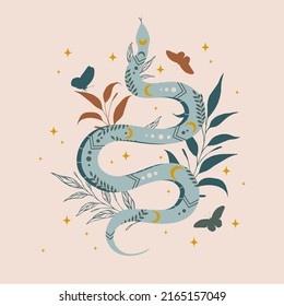 Mystical composition with a wriggling snake, crescent moon, stars on a light background. Boho style and esotericism. Magic illustration for spiritual practices of ethnic magic and rites.