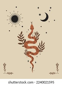 Mystical composition with a wriggling snake, crescent moon, sun, stars on a light background. Boho style and esotericism. Magic illustration for spiritual practices of ethnic magic and rites.