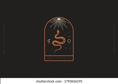 Mystical composition with a wriggling snake on black background. Magical sign of spiritual practices. Occult symbol in a minimalist style for ethnic magic and esoteric rites.