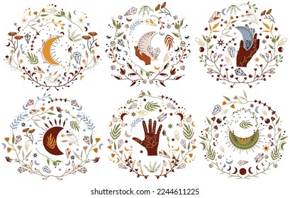 Mystical compositions with a hand holding the celestial moon, flowers and leaves. Mystical, magical witchcraft symbol. Boho moon is suitable for banners, posters, postcards. Vector illustration.