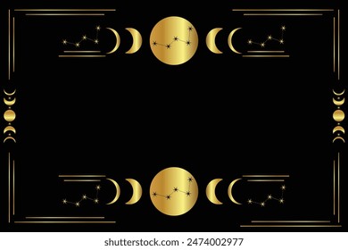 Mystical constellations border. Celestial golden frame with stars, moon phases, crescents, and copy space. Vector mystic linear background with place for text.