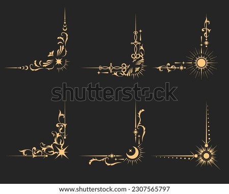 Mystical corners and frame borders in tarot style, magic banners and astrology decor, esoteric vignettes, vector