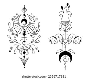 Mystical cosmic flower and crescent moon, black and white celestial magic plant with folk motives hand drawn vector compositions pack