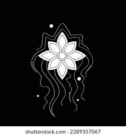 Mystical Cosmic Flower, Deco Element. Aesthetic Object, Futuristic Abstract Concept. Fantasy Black Background. Vector Contour Illustration. Coloring Book Page