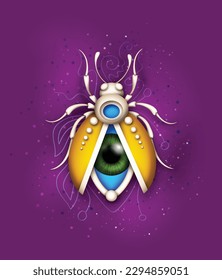 Escarabajo místico cósmico volador con ojos en el abdomen, elemento deco. Insecto estético surrealista. Concepto De Resumen Futurista. Fondo texturizado de fantasía. Ilustración del vector 3d