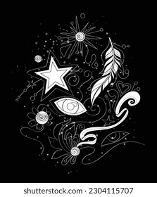 Mystical Cosmic Set of Deco Elements. Eye, Feather, Star and Beads. Aesthetic Surreal Insect. Futuristic Abstract Concept. Vector Contour Illustration on Black. Coloring Book Page