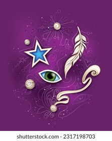 Mystical Cosmic Set of Deco Elements. Eye, Feather, Star and Beads. Aesthetic Surreal Insect. Futuristic Abstract Concept. Textured Fantasy Background. Vector 3d Illustration