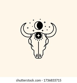 Mystical cow skull logo with moon and stars in a trendy minimal linear style. Vector emblem symbol of witchcraft.