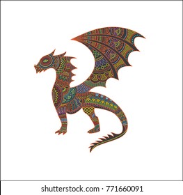 Mystical creatures dragon vector illustration with colorful Mexican style pattern