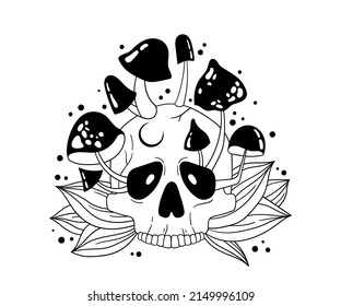 Mystical creepy skull and mushrooms isolated clip art on white background, vector magic composition with skeleton head and amanita fungus, black and white illustration