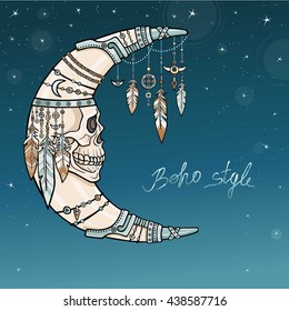 Mystical  crescent with a human face - skull. Spirit of the shaman. Ethnic jewelry, beads and feathers. Esoteric symbol, boho design. Vector color illustration, background - night the star sky.