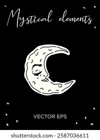 Mystical Crescent Moon Face vector line art. Perfect for tattoos, prints, branding, and spiritual designs.