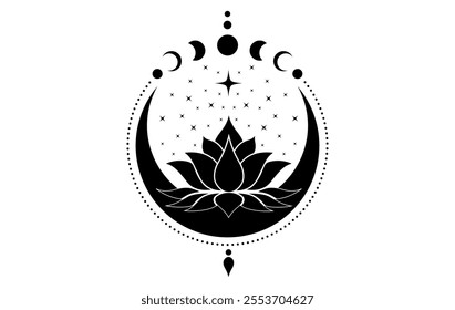 Mystical Crescent Moon and Sacred Lotus flower with Stars Moon Phases logo design. Floral magic celestial clipart of yoga, spa, beauty salon, cosmetics, relax, brand style, tattoo. Isolated on white 