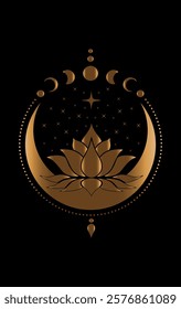 Mystical Crescent Moon and Sacred Lotus flower with Stars Moon Phases Gold logo design. Floral magic celestial clipart of yoga, spa, beauty salon, cosmetics, relax, brand style. Isolated on black